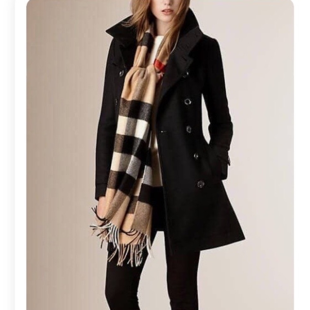Burberry Mid-Length Wool Cashmere Trench Coat, Black, Size 6